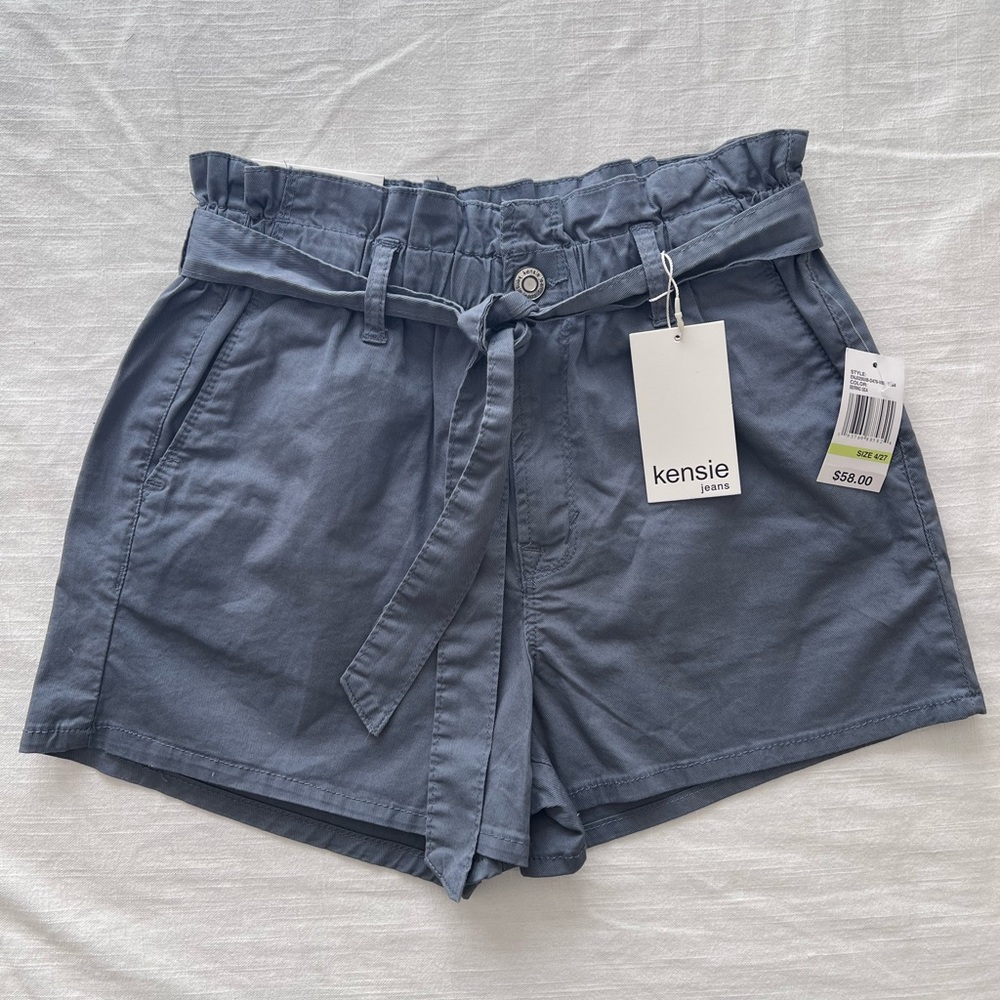 NWT Kensie Jeans Women's Blue Paper Bag High Rise Tie Waist Shorts Size 4/27